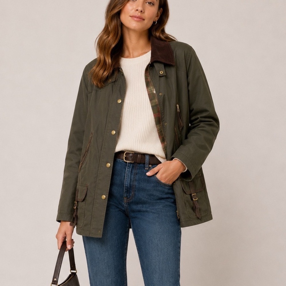Lauren Ralph Lauren Olive Green Barn Jacket Corduroy Collar Plaid Lining 2X